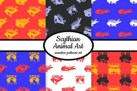 Collection of seamless patterns with ancient Scythian art and animal motifs designed for web, fabric, paper and all printsのイラスト素材