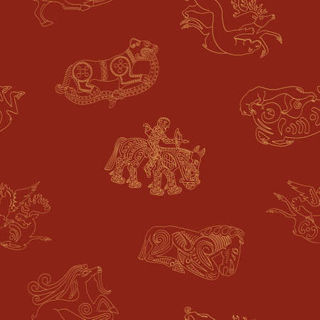 Seamless pattern with ancient Scythian art and animal motifs for your projectのイラスト素材