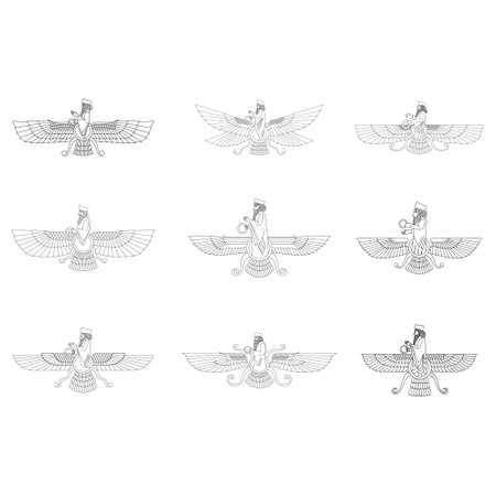 vector monochrome icon set with ancient sumerian symbol Faravahar for your projectのイラスト素材