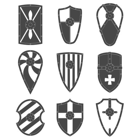 vector monochrome icon set with ancient Shields for your projectのイラスト素材