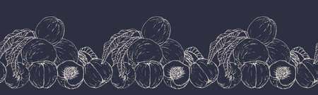 Vector horizontal seamless border with hand drawn peaches.のイラスト素材