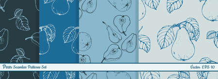 Collection of vector seamless patterns with pears. Hand drawn textures. Elegant seamless botanical pattern for paper, fabric, wallpaper, surface designのイラスト素材