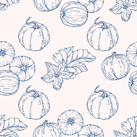 Vector seamless pattern with Pumpkin. Hand drawn textures. Elegant seamless botanical pattern for paper, fabric, wallpaper, surface designのイラスト素材