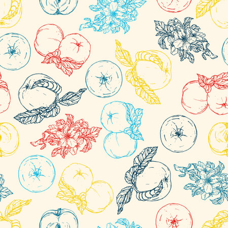 Vector seamless pattern with apples. Hand drawn textures. Elegant seamless botanical pattern for paper, fabric, wallpaper, surface designのイラスト素材