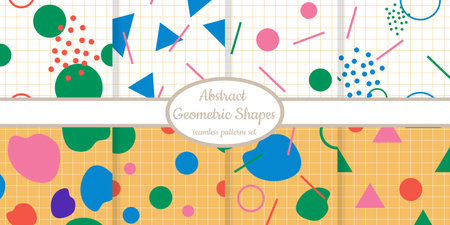 Collection of seamless patterns with abstract geometric shapes. Minimalistic simple trendy background designed for fabric, web, paper and all printsのイラスト素材