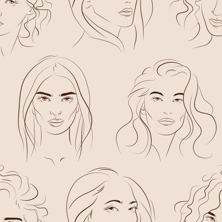Vector seamless pattern with faces of young women. Hand drawn background with peopleのイラスト素材