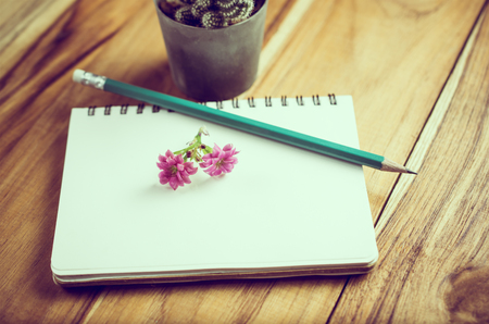 pencil and flower on notebook paper education concept background.の写真素材