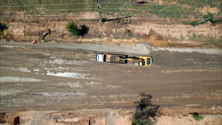aerial view aboveroad construction worker view from drone .