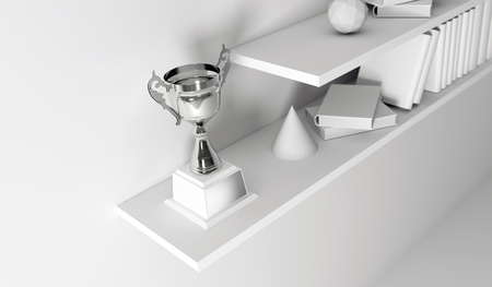 champion trophy placed on white empty interior book shelf.の写真素材