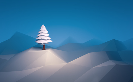 3d illustration winter tree low poly christmas scene background.の写真素材