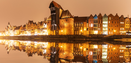 Gdansk night panorama, view on Zuraw port crane, Polandの写真素材