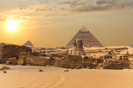 The Giza Pyramid Complex, view on the Great Sphinx, Egyptの写真素材