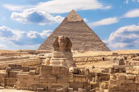 The Sphinx and the Pyramid of Chephren and the ruins of a temple in Giza, Egypt.