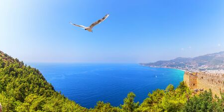 Alanya seaside and the castle, view from the top, Turkeyの写真素材