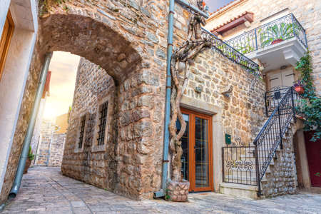 Medieval street in the Old Town of Budva, Montenegroの写真素材