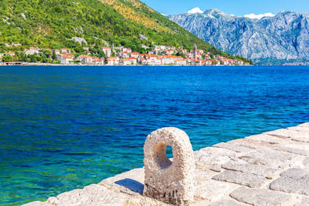 Perast old town, view from the pier near Church of Our Lady of the Rocks, Montenegro.の写真素材