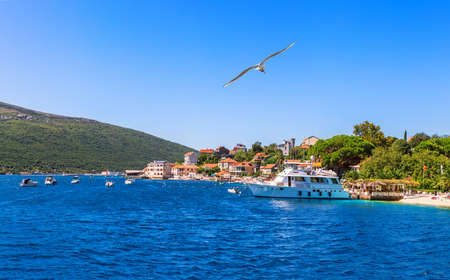 Seaside of the Adriatic sea, Yacts and houses in the Bay of Kotor, Montenegro.の写真素材
