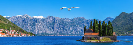 St. George island in the Bay of Kotor near Perast, Montenegro panoramaの写真素材