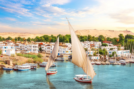 Traditional view of Aswan, the Nile and sailboats, Egyptの写真素材
