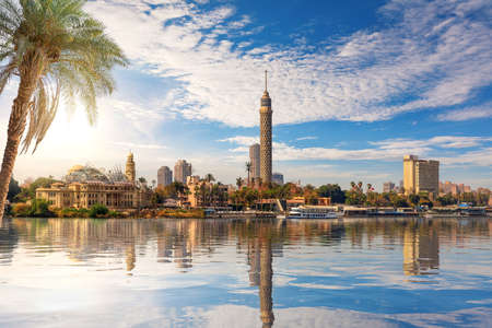 Cairo downtown, view on Gezira Island and the tower from the Nile, Egyptの素材 [FY310171773671]