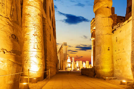 Columns of the Temple of Luxor, night illumination, Egypt.の写真素材