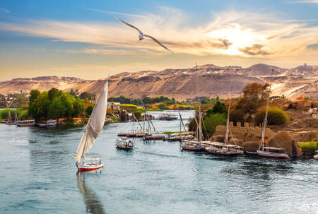 The Nile, sailboats and rocks at sunset in Aswan, Egypt.の写真素材