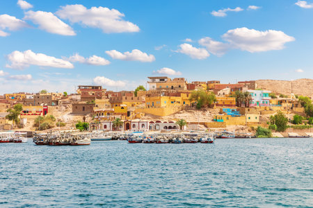 Egyptian village by the Philae Temple, view from the Nile, Aswanの写真素材