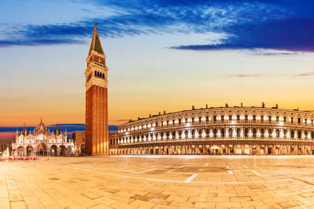 Piazza San Marco with Basilica of Saint Mark at sunset, Venice, Italyの写真素材