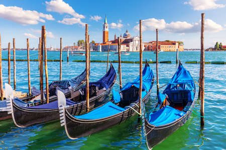 Gondolas moored near San Giorgio Maggiore Island, Venice, Italyの写真素材