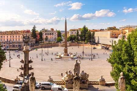 Piazza del Popolo with the Egyptian Obelisk and the fountains.の写真素材