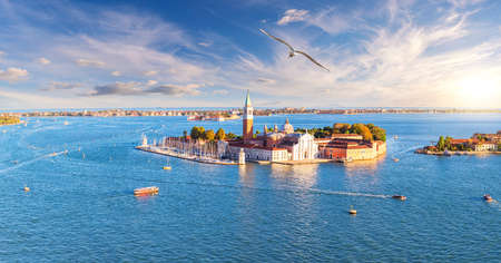 Aerial view of San Giorgio Maggiore Island in the lagoon of Venice, Italy.の写真素材