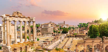 Roman Forum sunset panorama, full view of the ruins, Rome, Italyの写真素材