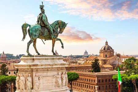 The equestrian statue of Victor Emmanuel II above the Altar of the Fatherland, Rome, Italy.の写真素材