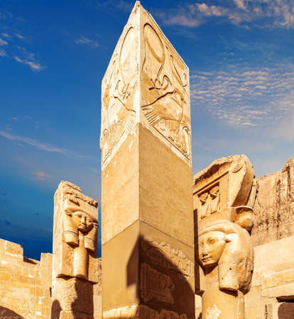 Statues of Goddess Hathor and columns of Mortuary Temple of Hatshepsut, Luxor, Egypt.の写真素材