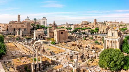 View on the Roman Forum ruins, temples, ancient houses at sunny day, Rome, Italy.の写真素材