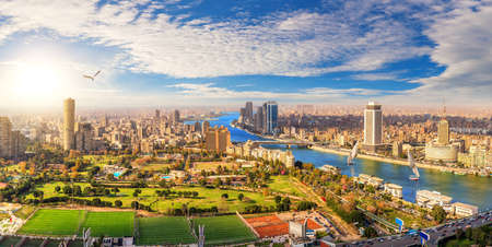 Cairo skyline downtown panorama, view on the Nile and bridges, Egypt.の写真素材