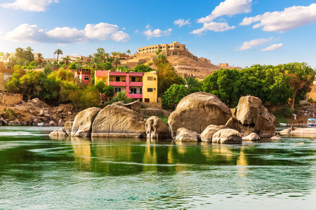Picturesque banks of the Nile near Aswan city, Egypt.の写真素材