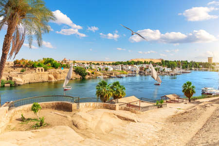 Traditional view of Aswan by the Nile river and sailboats, Egypt.の写真素材