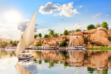 The boat is sailing by the Picturesque banks of the Nile and traditional buildings of Aswan, Egypt.の写真素材