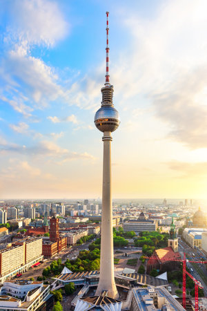 skyline panorama of Berlin with Red City Hall and TV Tower at sunset, Germany.の写真素材