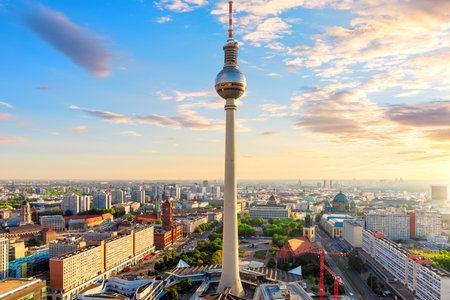 Beautiful aerial panorama of Berlin at sunset, Germany.の写真素材