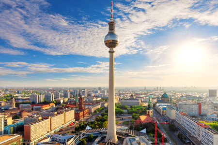 Beautiful aerial sunny panorama of Berlin at sunset, Germany.の写真素材