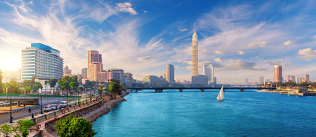 View on Cairo downtown with the Tower and fashionable hotels in Gezira island in the Nile, Egypt.の素材 [FY310204957954]