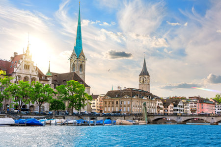 FraumÃ¼nster abbey and St. Peter's church, the two most popular places of visit in Zurich, Switzerland.の写真素材