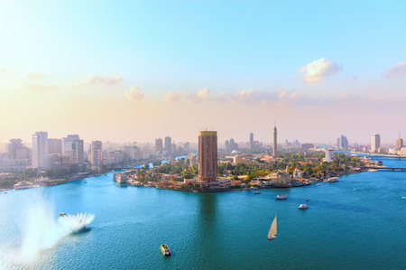 Cairo downtown panorama, view on the Nile, Gezira island and bridges, Egypt.の写真素材