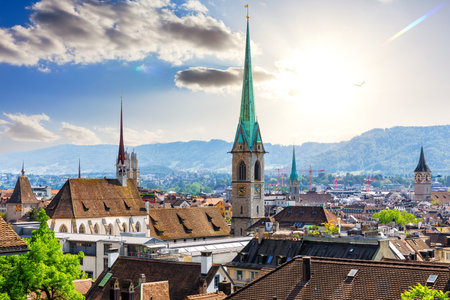 Aerial panorama on the downtown of Zurich on a sunny day, Switzerland.の写真素材