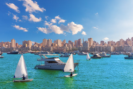 Boats and yachts in the harbor of Alexandria, Mediterranean coast of Egypt.の写真素材