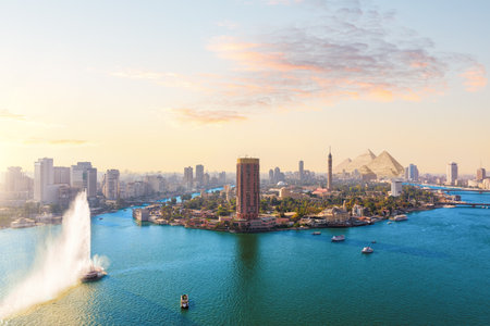 Cairo aerial panorama, Nile and Gezira Island, Egypt.の写真素材