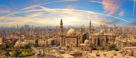 Sunset panorama from Cairo Citadel with the Mosque-Madrassa of Sultan Hassan, Egypt.の写真素材