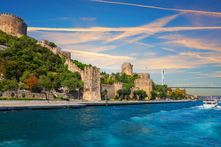 Roumeli Hissar Castle near Fatih Sultan Mehmet Bridge on the Bosphorus Straight, Istanbul, Turkey.の写真素材